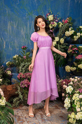 Asymmetrical Organza Midi Dress with Puff Sleeves and Ruched Bodice